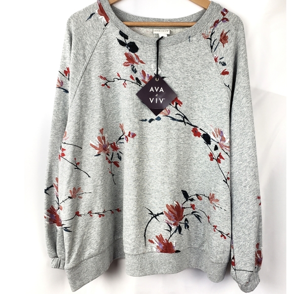 Ava & Viv Sweaters - Ava & Viv Grey Floral Ballon Sleeve  Sweater 2x